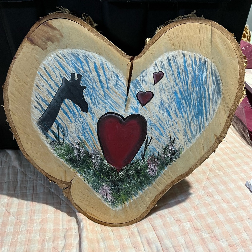 Handmade Heart and Giraffe Painted Heart Shaped Wood Slab